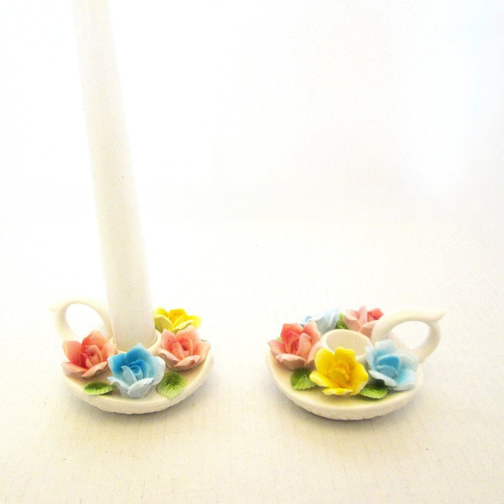 Pair of porcelain Floral yellow, rose & pink rose candlestick holders with finge